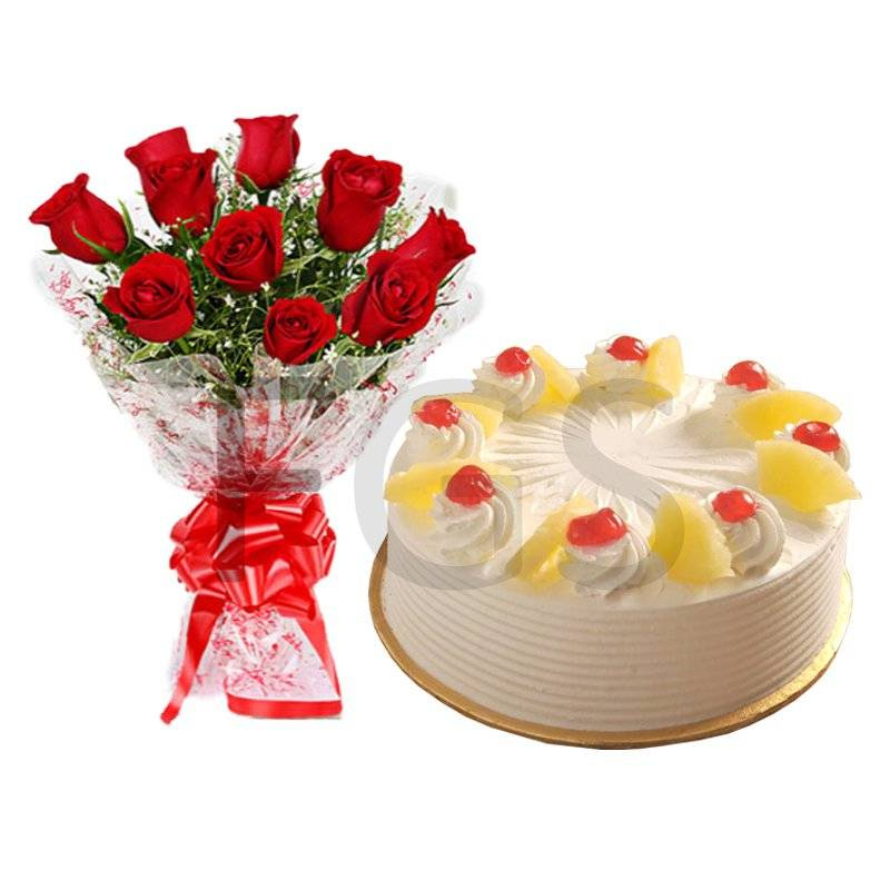 2lbs pineapple cake from Data Bakers with 24 Red Roses bouquet